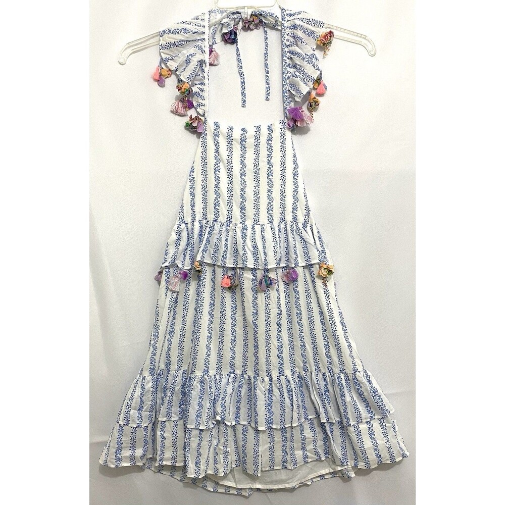NWT Nellystella Leighton Dress Girls 10 Blue White Cotton Tiered Tassel